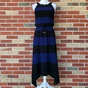 WHBM Color Block Stripe Handkerchief Hem Blue Black Sleeveless Midi Dress 👗